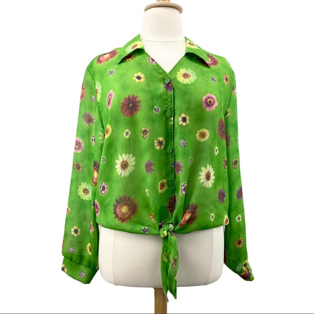 Ashley Stewart Sheer Tie Front Floral Blouse Green Sheer Plus Size 22